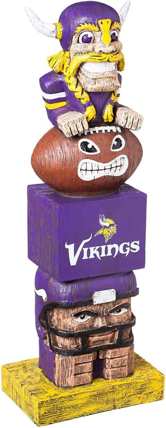 Purple Vikings tiki totem garden statue with horned figure, carved faces, and wooden base, 16 in