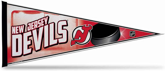 Soft felt New Jersey Devils pennant, triangular; Devils text and logo with NHL shield.
