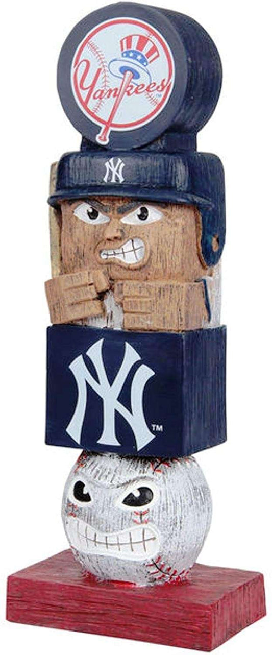 Yankees tiki totem garden statue, dark blue and tan, with NY block and skull base