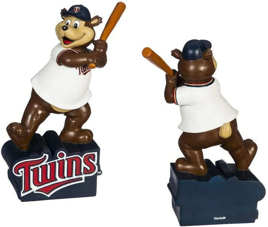 Two Twins mascot resin garden statues, front and side/back, each holding a bat
