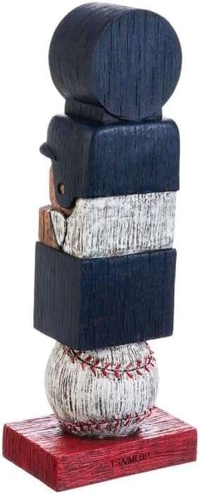 Yankees tiki totem garden statue, dark blue back and tan wood, white skull on red base