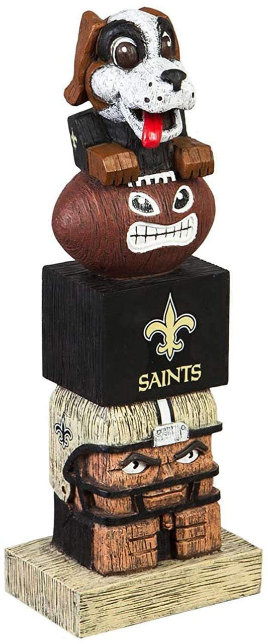 Hand-painted resin tiki totem garden statue with Saints emblem base, front view