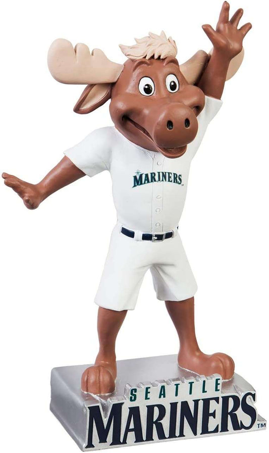 Moose mascot garden statue in white Mariners baseball uniform, resin, 12 in
