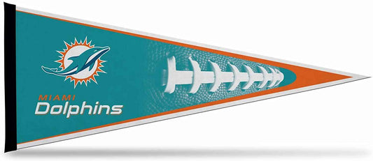 Miami Dolphins soft felt pennant with teal dolphin logo and Miami Dolphins text, triangular.