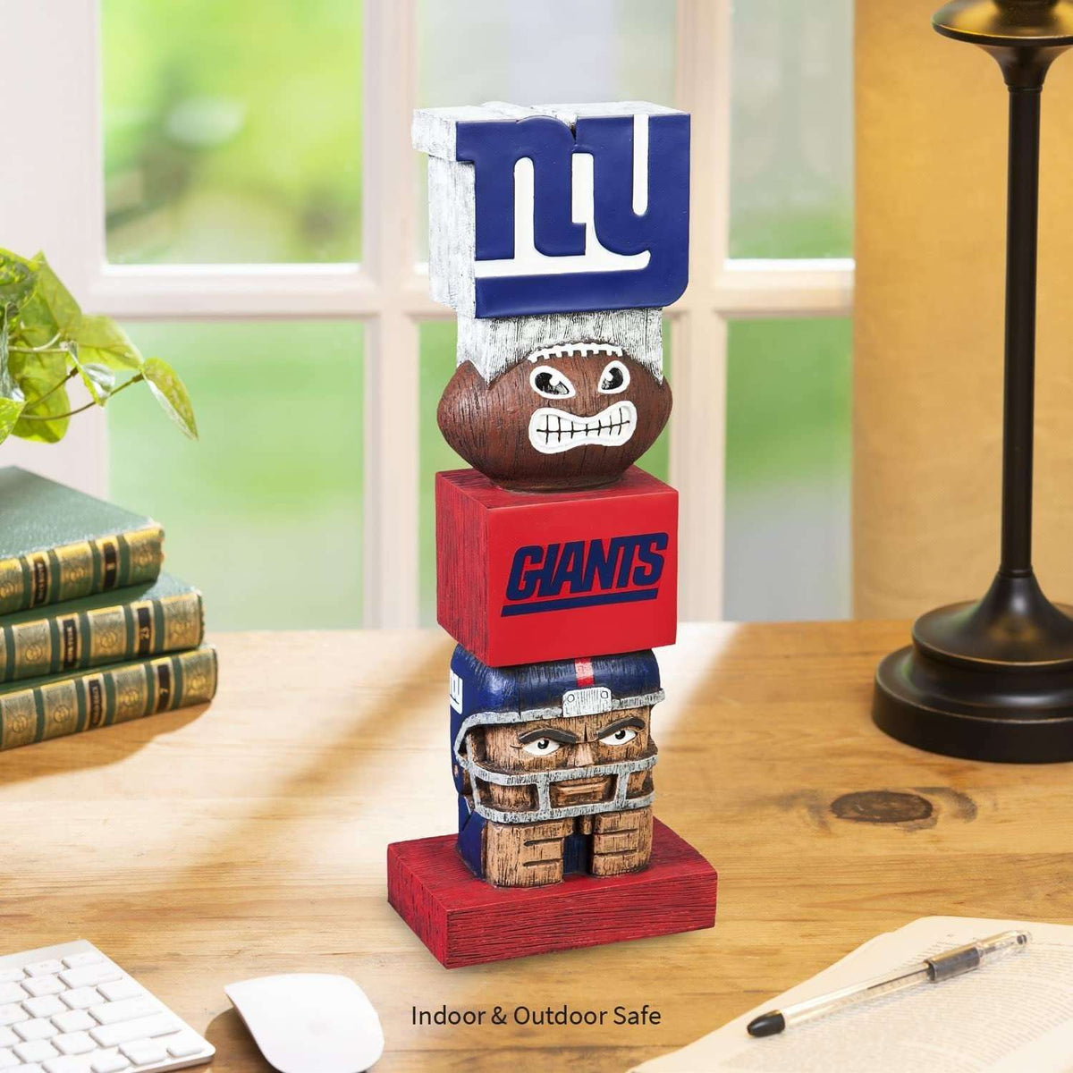 New York Giants resin tiki totem for indoor/outdoor use, stacked faces on red base