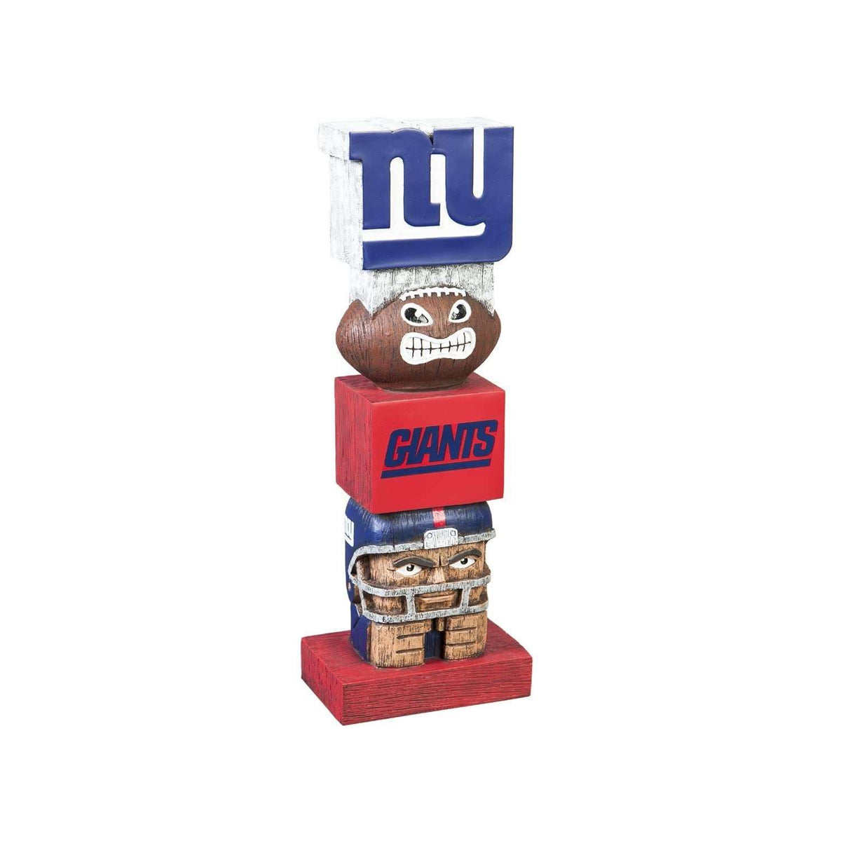 New York Giants resin tiki totem with blue-white top, red base and stacked faces