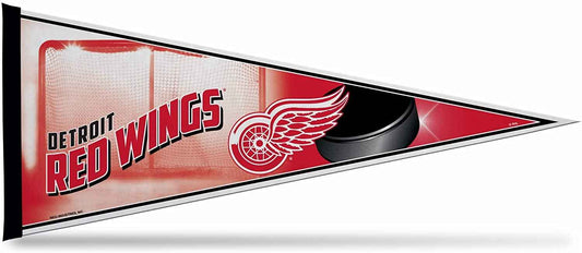 Red and white Detroit Red Wings soft felt pennant with logo and wordmark, triangular