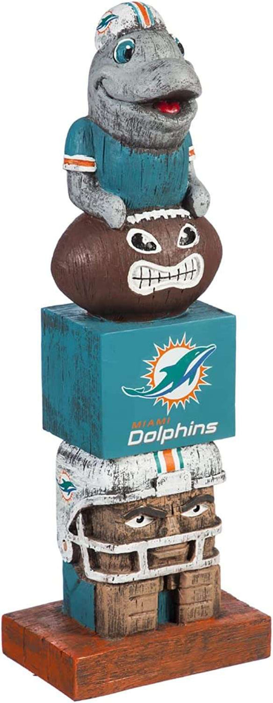 Miami Dolphins tiki totem resin garden statue with stacked characters and Dolphins logo, front