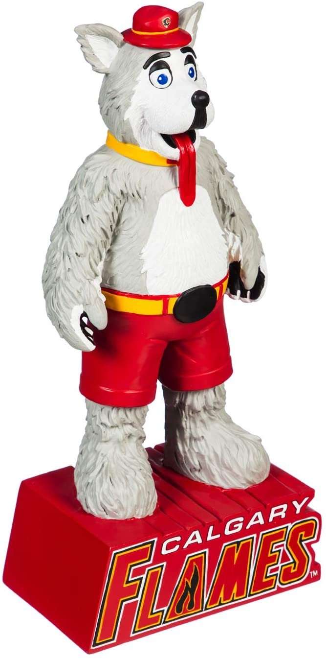 Calgary Flames mascot tiki totem garden statue, white dog in red shorts on red base
