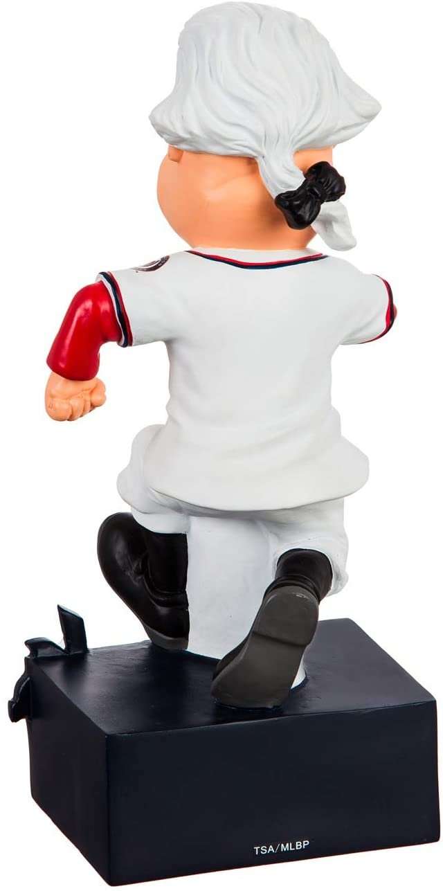 Back view Washington Nationals George Washington mascot garden statue in white jersey with red sleeves