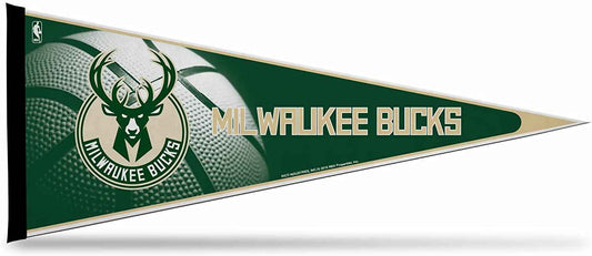 Green Milwaukee Bucks felt pennant with team wordmark and deer logo on triangular flag