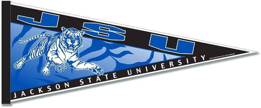 Soft felt pennant with blue tiger mascot and "Jackson State University" lettering.