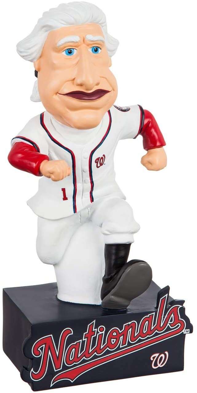 Washington Nationals garden statue of George Washington mascot in white uniform, on black base