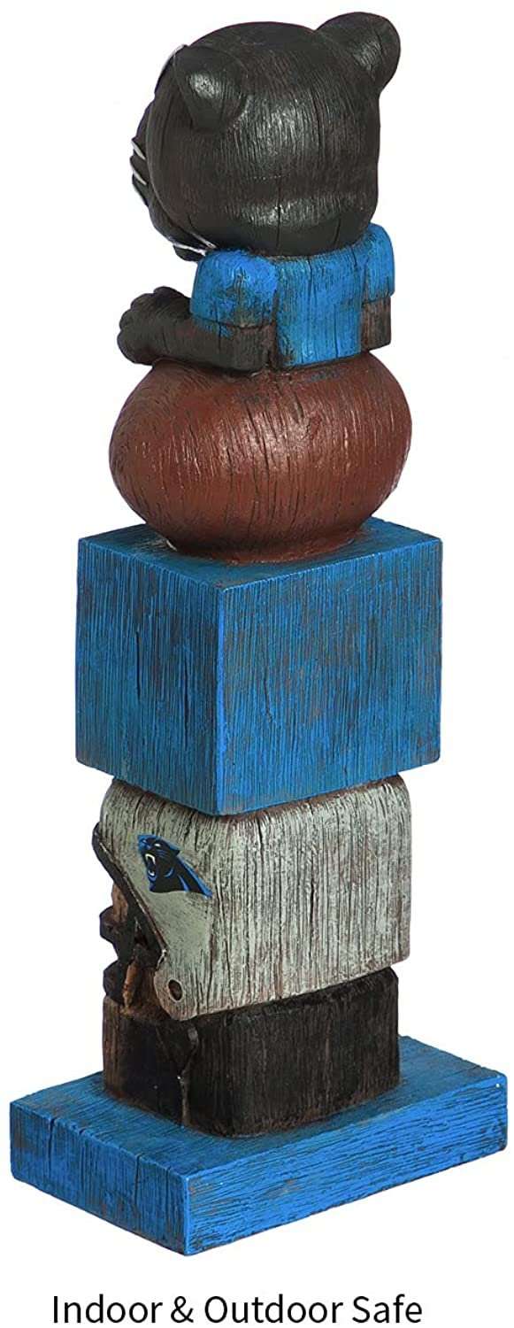 Carolina Panthers tiki totem garden statue from behind with brown bear head on blue blocks
