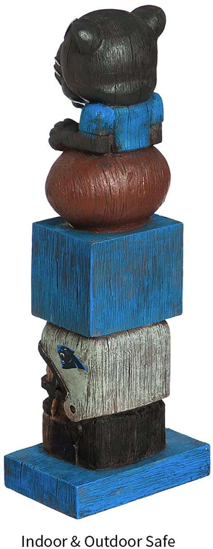 Carolina Panthers tiki totem garden statue from behind with brown bear head on blue blocks