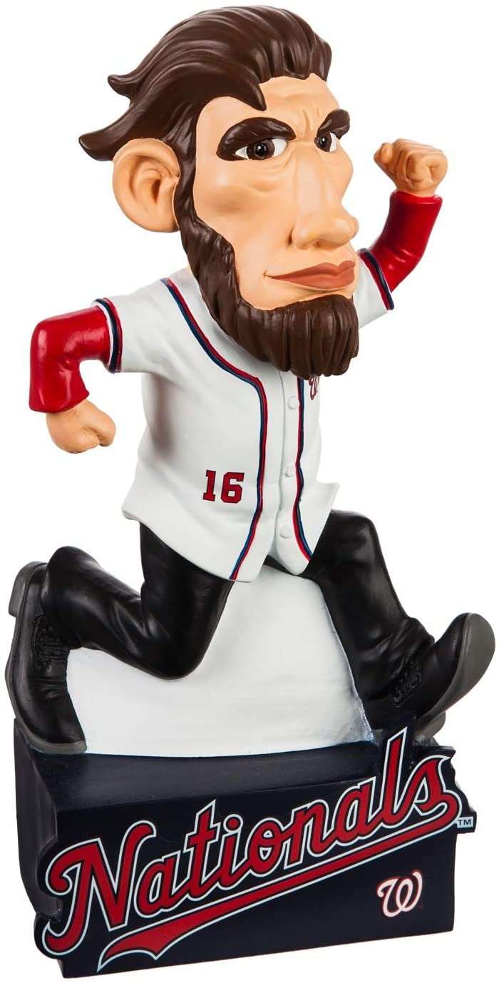 Resin Abraham Lincoln-style garden statue in Nationals baseball uniform, running pose