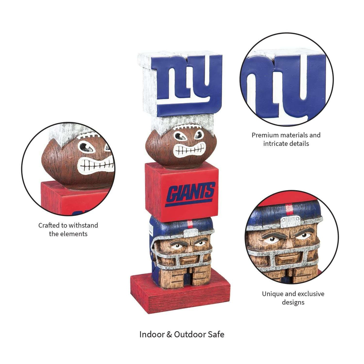New York Giants resin tiki totem with blue top block, red middle cube, and base