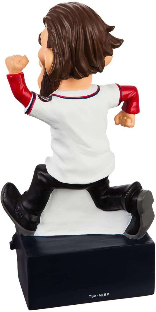 Resin Abraham Lincoln-style garden statue in Nationals uniform, leaping side view
