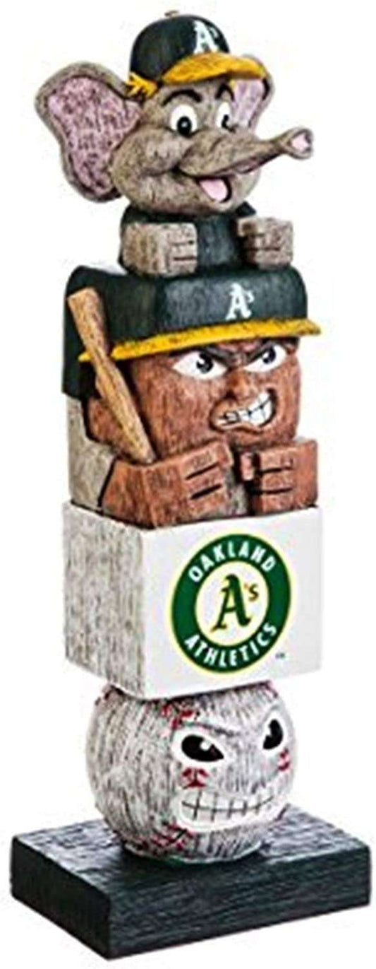 Baseball-themed tiki totem pole garden statue with Oakland A's logos, stacked figures
