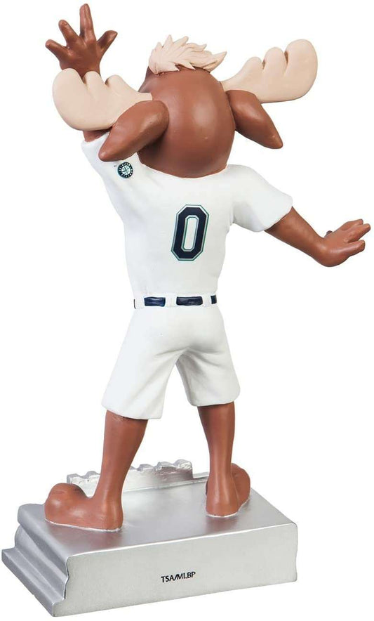 Moose mascot garden statue with Mariners jersey number 0, white uniform, resin