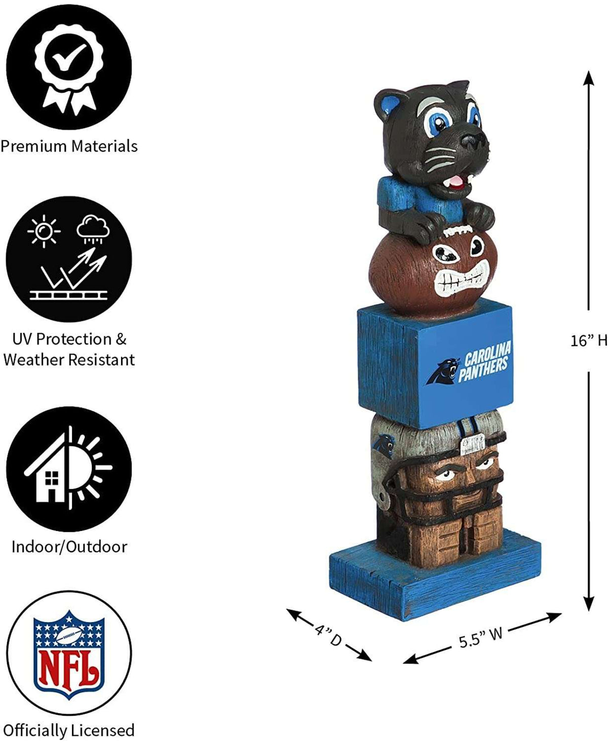 Carolina Panthers tiki totem garden statue with size diagram and design badge icons