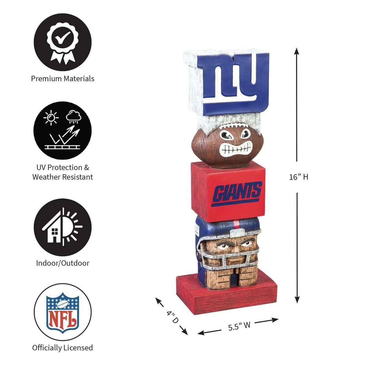 New York Giants resin tiki totem, stacked cubby faces with Giants logo blocks