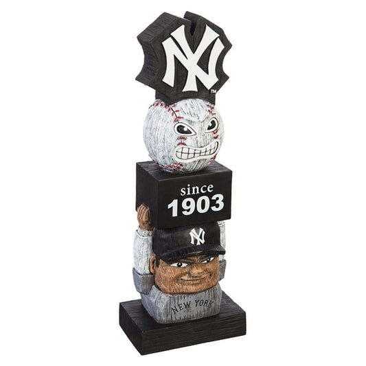 Hand-painted tiki totem garden statue with Yankees cap and face details on base