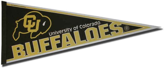 Black felt sports pennant with gold CU logo and BUFFALOES lettering, triangular shape