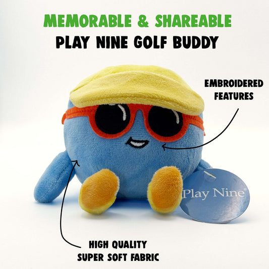 Golf buddy plush toy with yellow cap, big eyes, and embroidered details