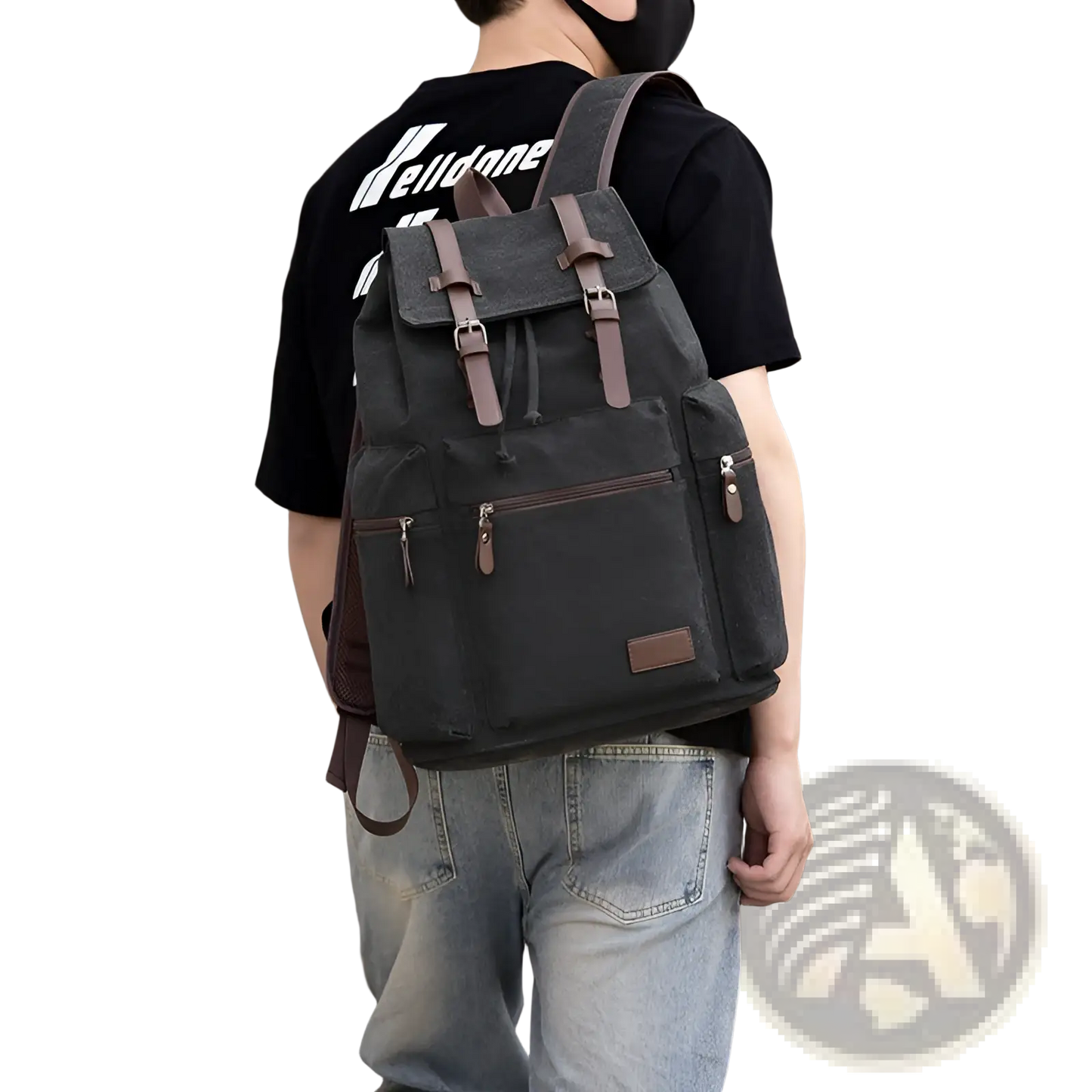 Men's Canvas Travel Backpack | 20-35L Large Capacity | Leather Accents | Black, Gray, Khaki