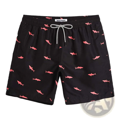 Men's Pink Shark Print Quick-Dry Swim Trunks | Polyester | 6 Colors | S–XXL