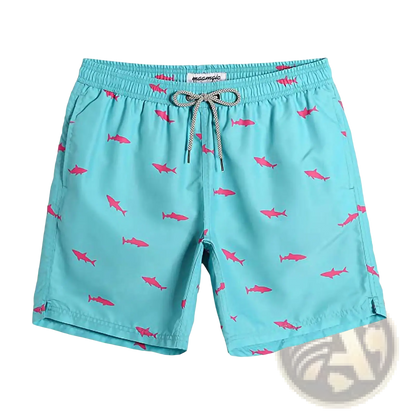Men's Pink Shark Print Quick-Dry Swim Trunks | Polyester | 6 Colors | S–XXL