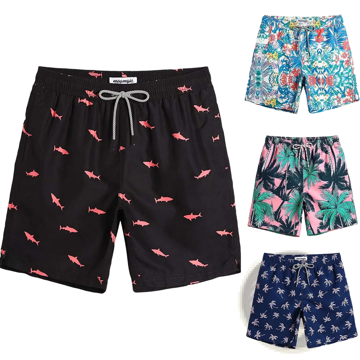 Men's Pink Shark Print Quick-Dry Swim Trunks | Polyester | 6 Colors | S–XXL