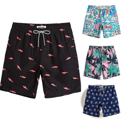 Men's Pink Shark Print Quick-Dry Swim Trunks | Polyester | 6 Colors | S–XXL