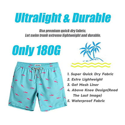 Men's Pink Shark Print Quick-Dry Swim Trunks | Polyester | 6 Colors | S–XXL
