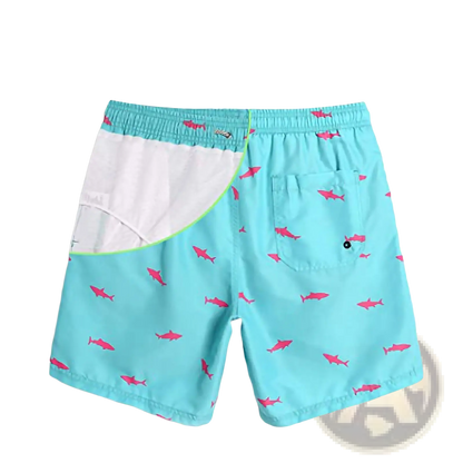 Men's Pink Shark Print Quick-Dry Swim Trunks | Polyester | 6 Colors | S–XXL