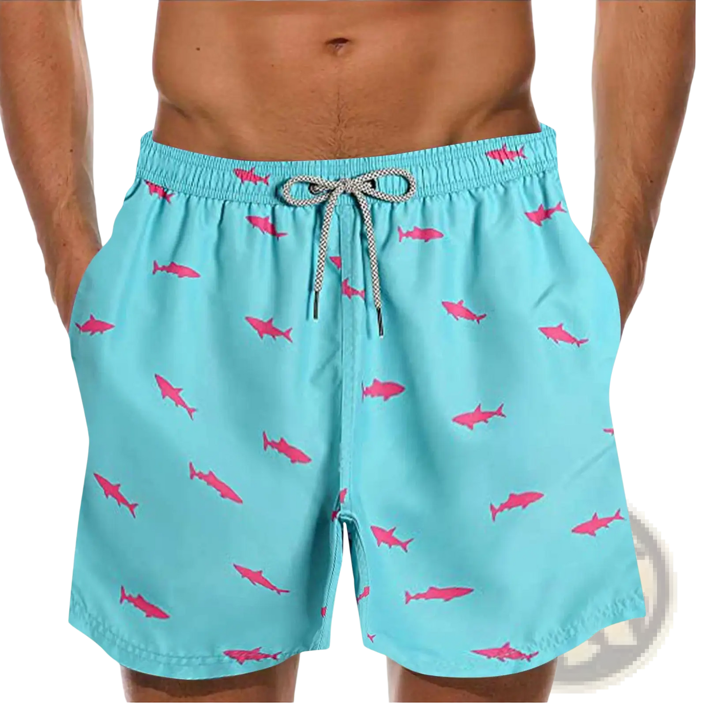 Men's Pink Shark Print Quick-Dry Swim Trunks | Polyester | 6 Colors | S–XXL