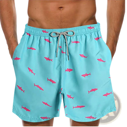 Men's Pink Shark Print Quick-Dry Swim Trunks | Polyester | 6 Colors | S–XXL