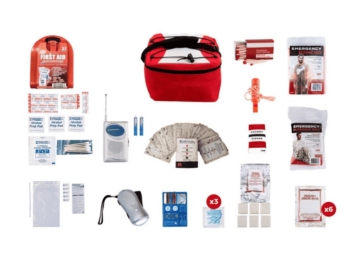 Emergency survival supply set with first aid items, tools, water filter, and red bag