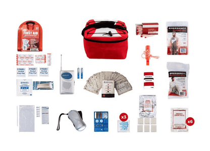 Emergency survival supply set with first aid items, tools, water filter, and red bag