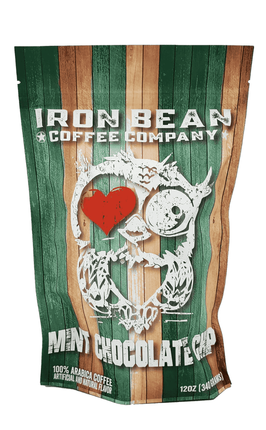 Iron Bean Coffee Company mint chocolate chip coffee bag, green striped 12 oz pouch