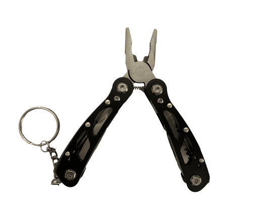 Stainless steel multi-tool pliers with keychain, black handles