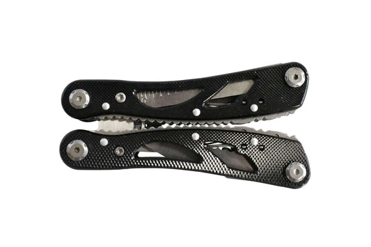 Black folding stainless multi-tool with pliers, blades, and screwdrivers