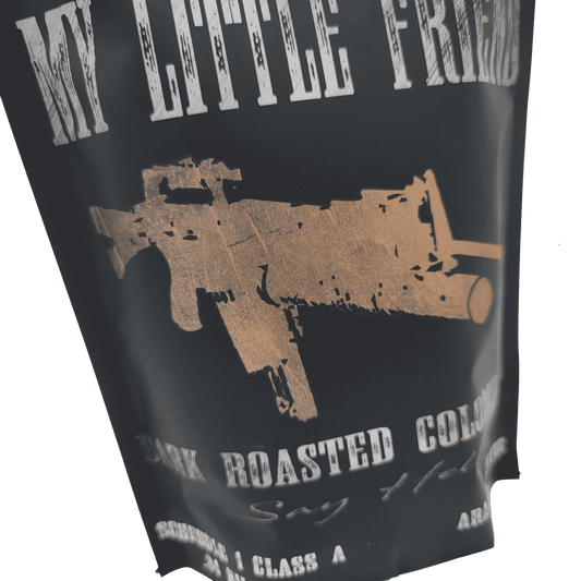 Dark roast Colombian coffee bag, My Little Friend artwork, Iron Bean Coffee Company logo