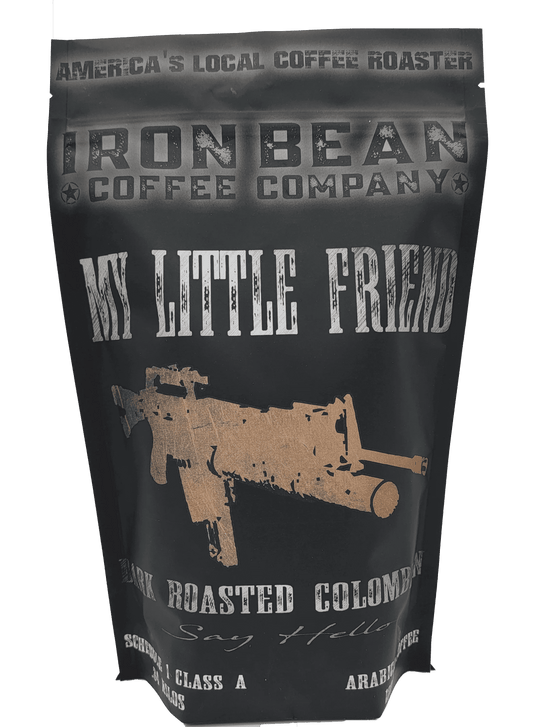 Dark roast Colombian coffee bag with My Little Friend label, Iron Bean Coffee Company