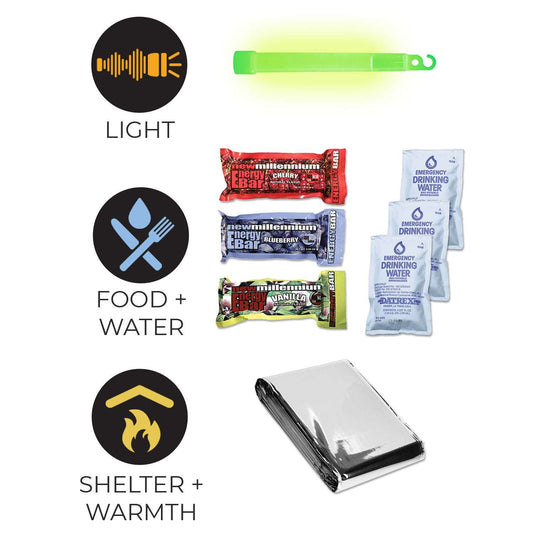 Emergency survival kit contents: light stick, food bars, water pouches, warming blanket, shelter.