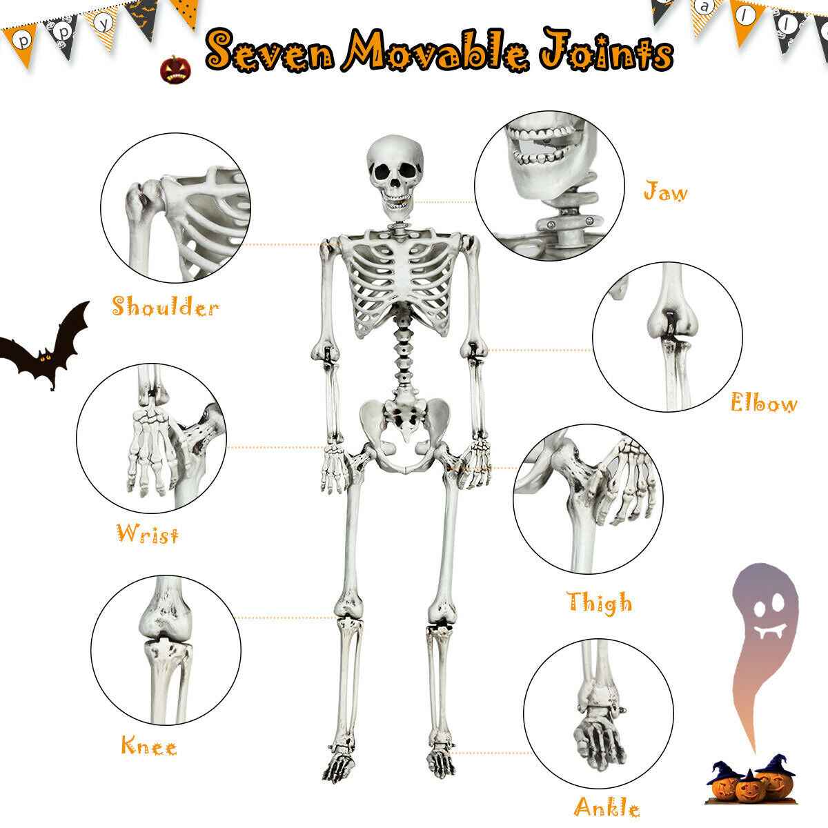 5.4 FT Life-Size Halloween Skeleton – Full Body Hanging with Movable Joints