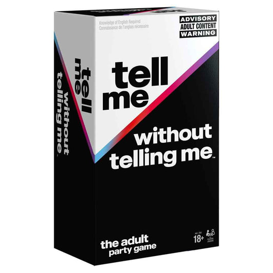 Adult party card game box with “tell me without telling me” text