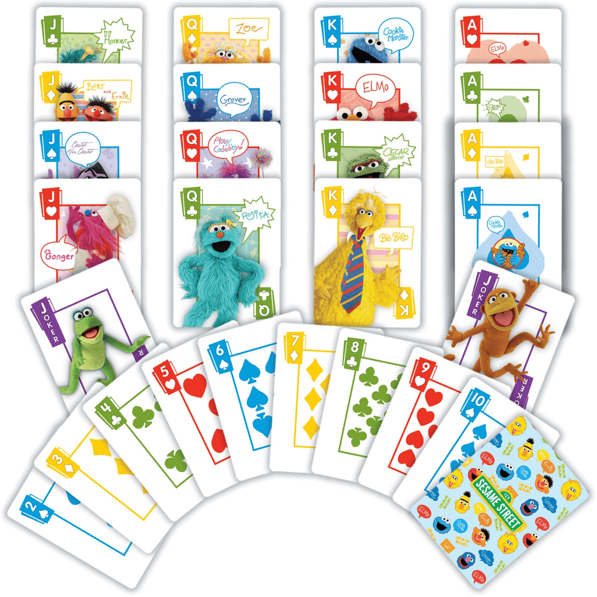 Sesame Street jumbo playing cards spread out to show character faces, suits, and card backs.