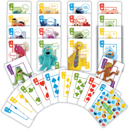Sesame Street jumbo playing cards spread out to show character faces, suits, and card backs.